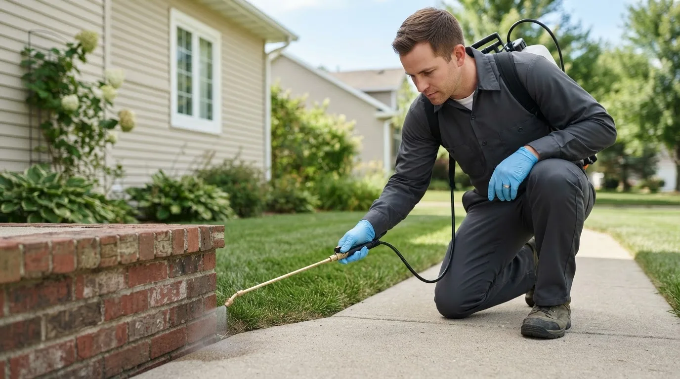 Pest control technician treating a home near Baudette, MN